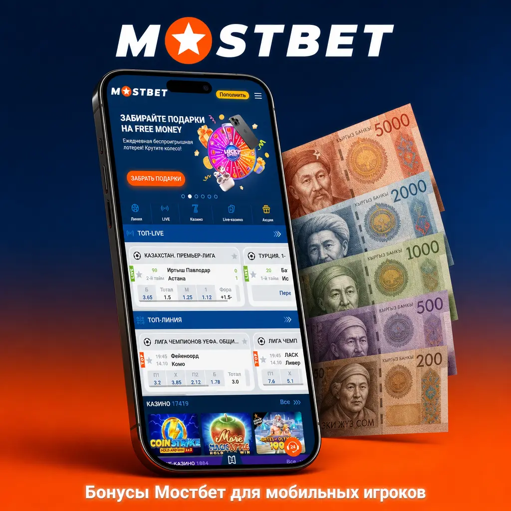 Бонусы Мостбет для мобильных игроков: приветственный бонус 125% до 25 000 сом и 250 фриспинов на слоты